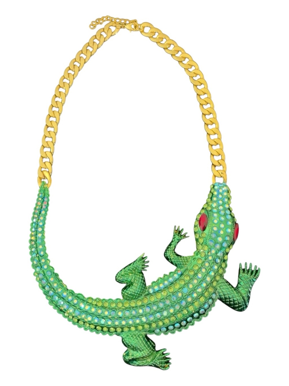 Oversized Green Rhinestone Crocodile Alligator Statement Necklace on Gold Chain - Picture 4 of 5